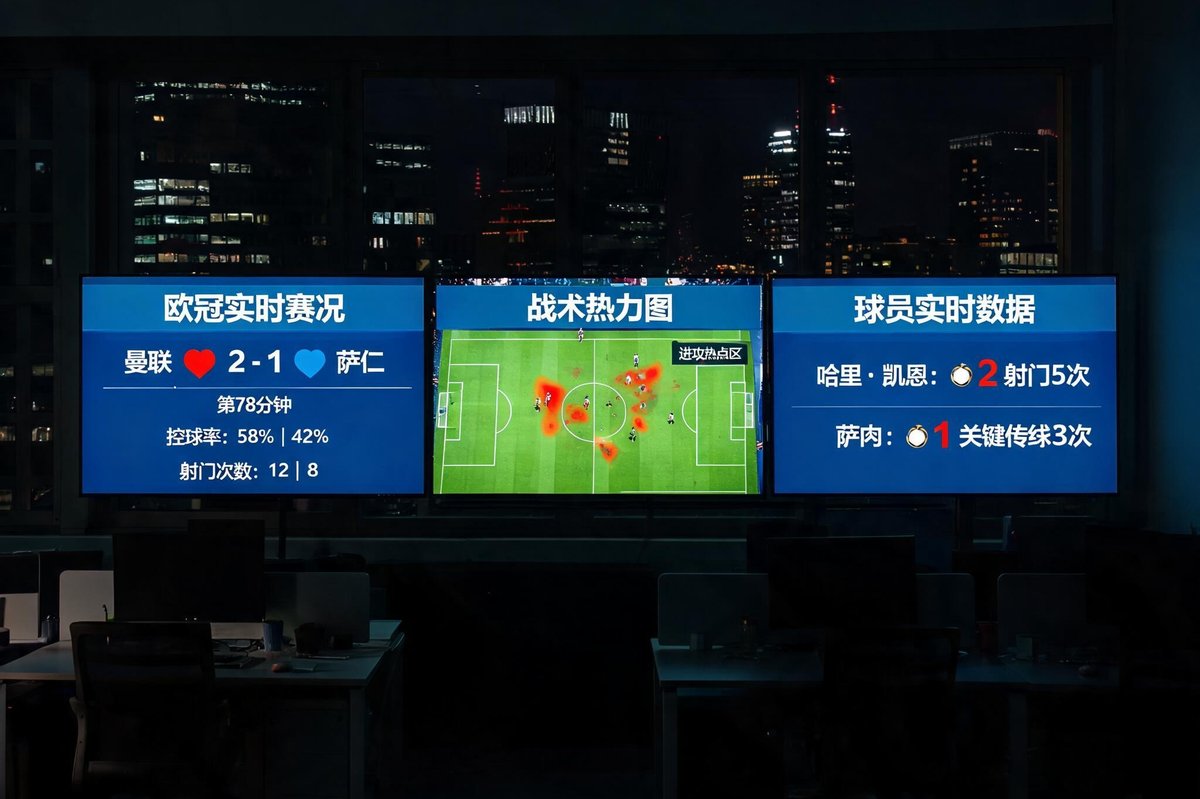团队办公室夜晚场景，三台大屏幕显示欧冠实时数据与战术图