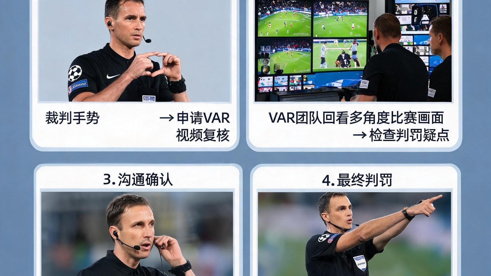 欧冠比赛规则图解，裁判与VAR示意